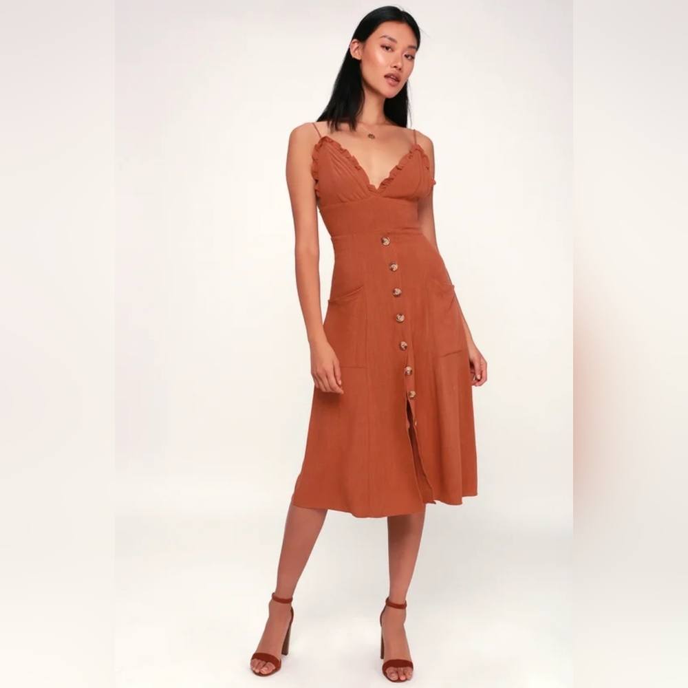 Lulus Lisbeth Rust Orange Button Front Linen Midi… - image 2